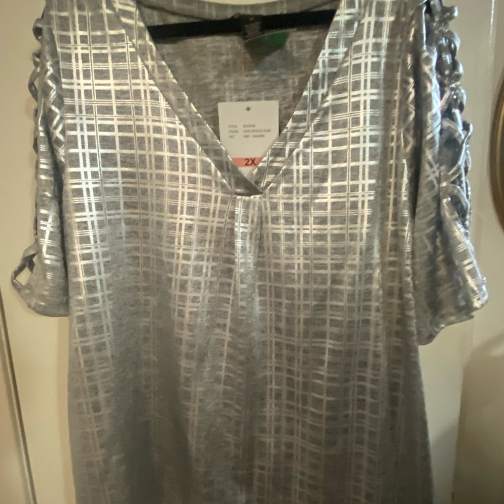 Silver Plaid V-Neck Top